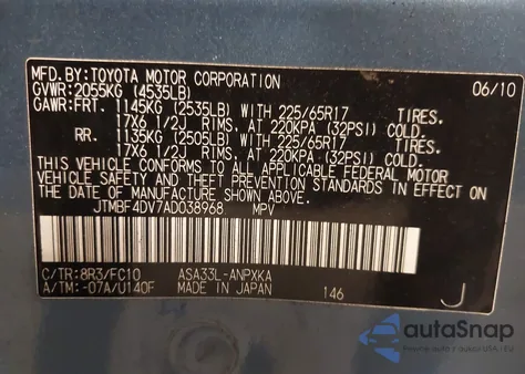 2010 Toyota Rav4 z USA, uszkodzony, nr VIN JTMBF4DV7AD038968